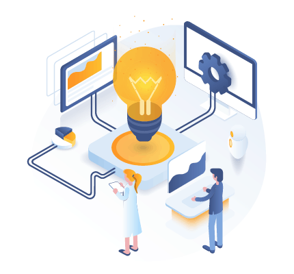 A symbolic image of two people working a system to create a shining light bulb. Axiom Leadership helps organizations create such illuminating systems.